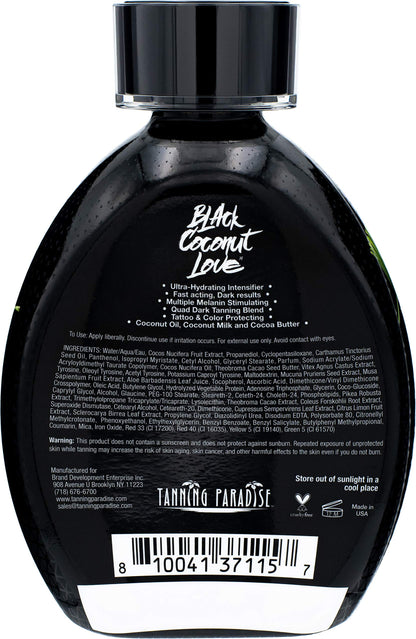 Tanning Paradise Black Coconut Love 13.5 Fluid Ounce bottle packaging details.