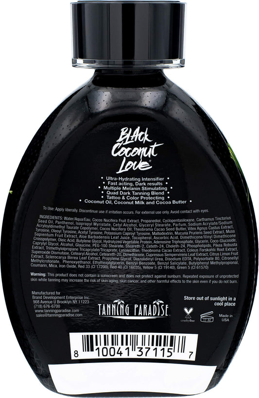 Tanning Paradise Black Coconut Love 13.5 Fluid Ounce bottle packaging details.