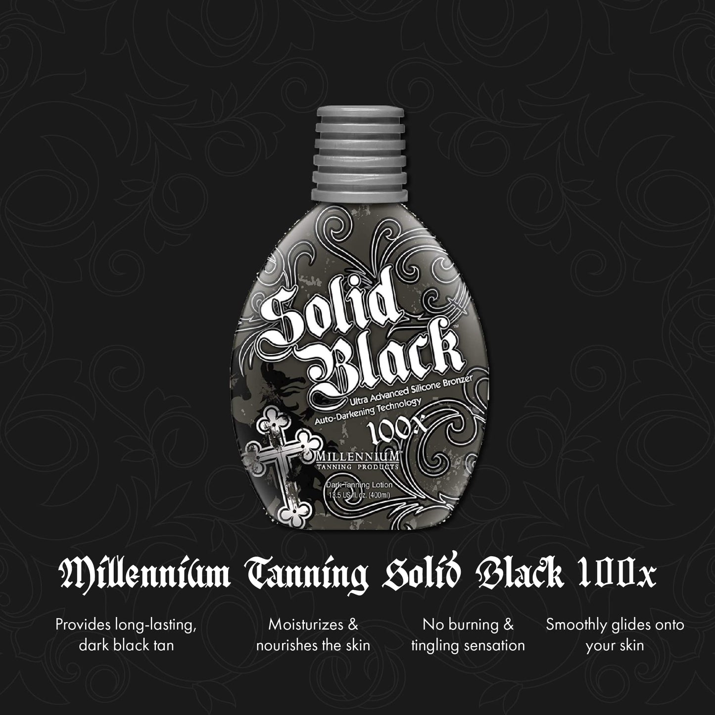 Millennium Tanning Solid Black 100X lotion bottle back label showing ingredients