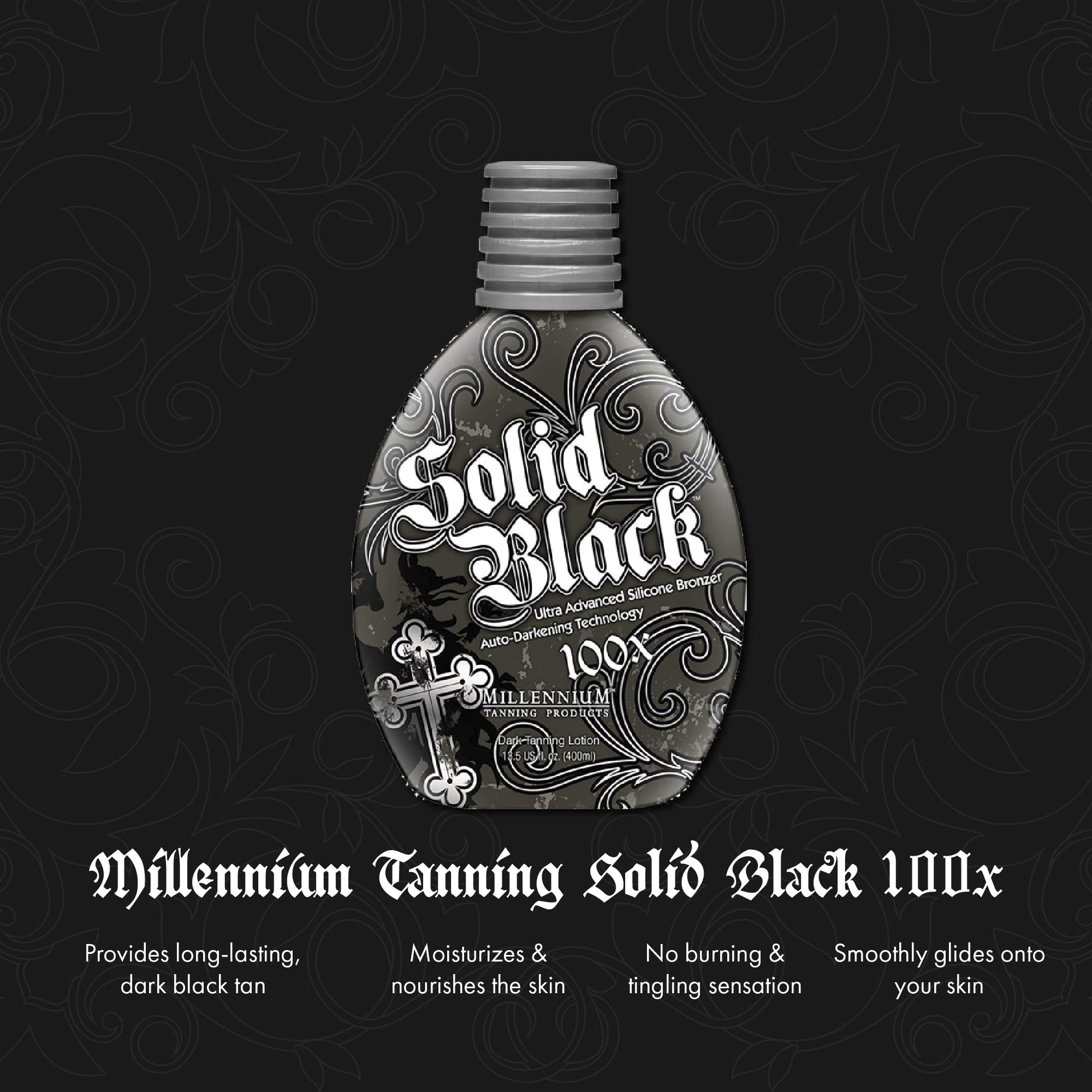 Millennium Tanning Solid Black 100X lotion bottle back label showing ingredients