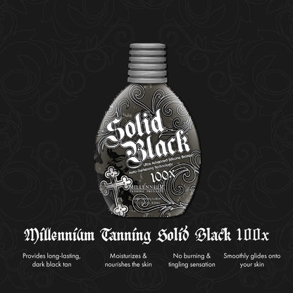 Millennium Tanning Solid Black 100X lotion bottle back label showing ingredients