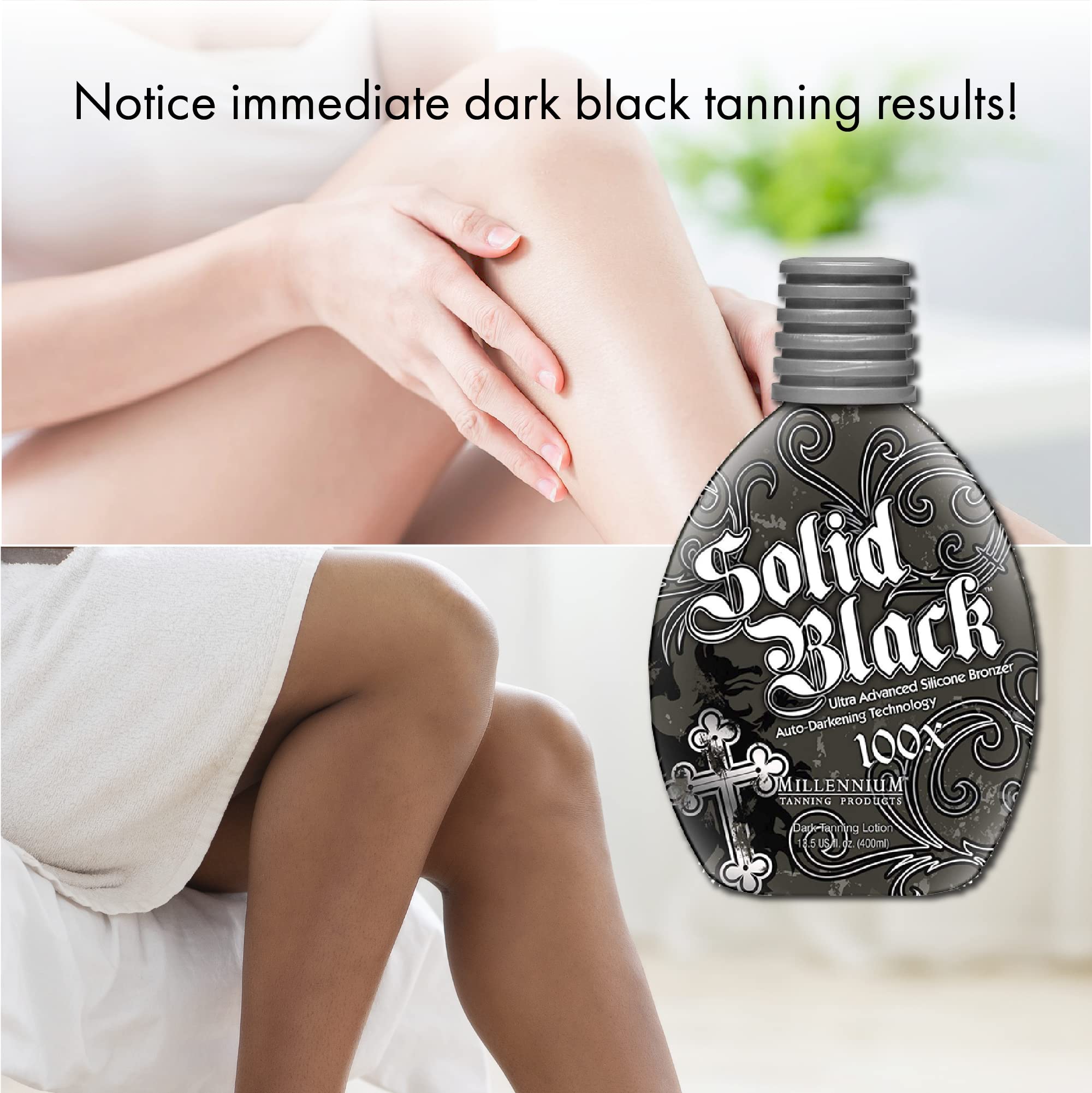 Millennium Tanning Solid Black 100X bottle held in hand for scale
