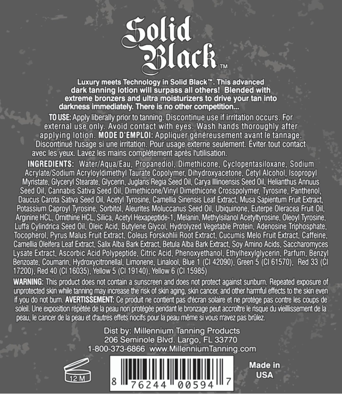 Brand logo and product name on Millennium Tanning Solid Black lotion bottle