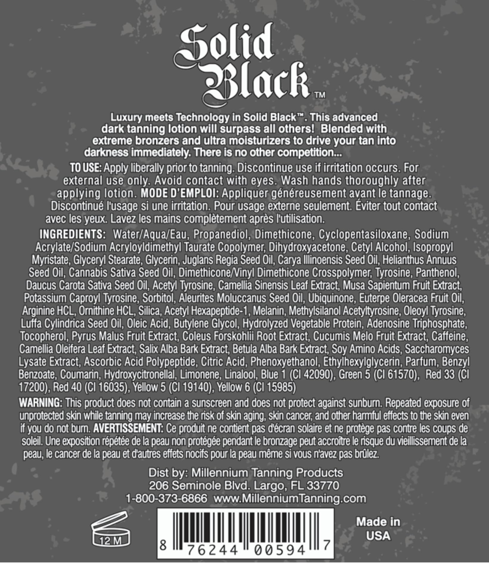 Brand logo and product name on Millennium Tanning Solid Black lotion bottle