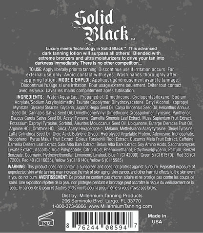 Brand logo and product name on Millennium Tanning Solid Black lotion bottle