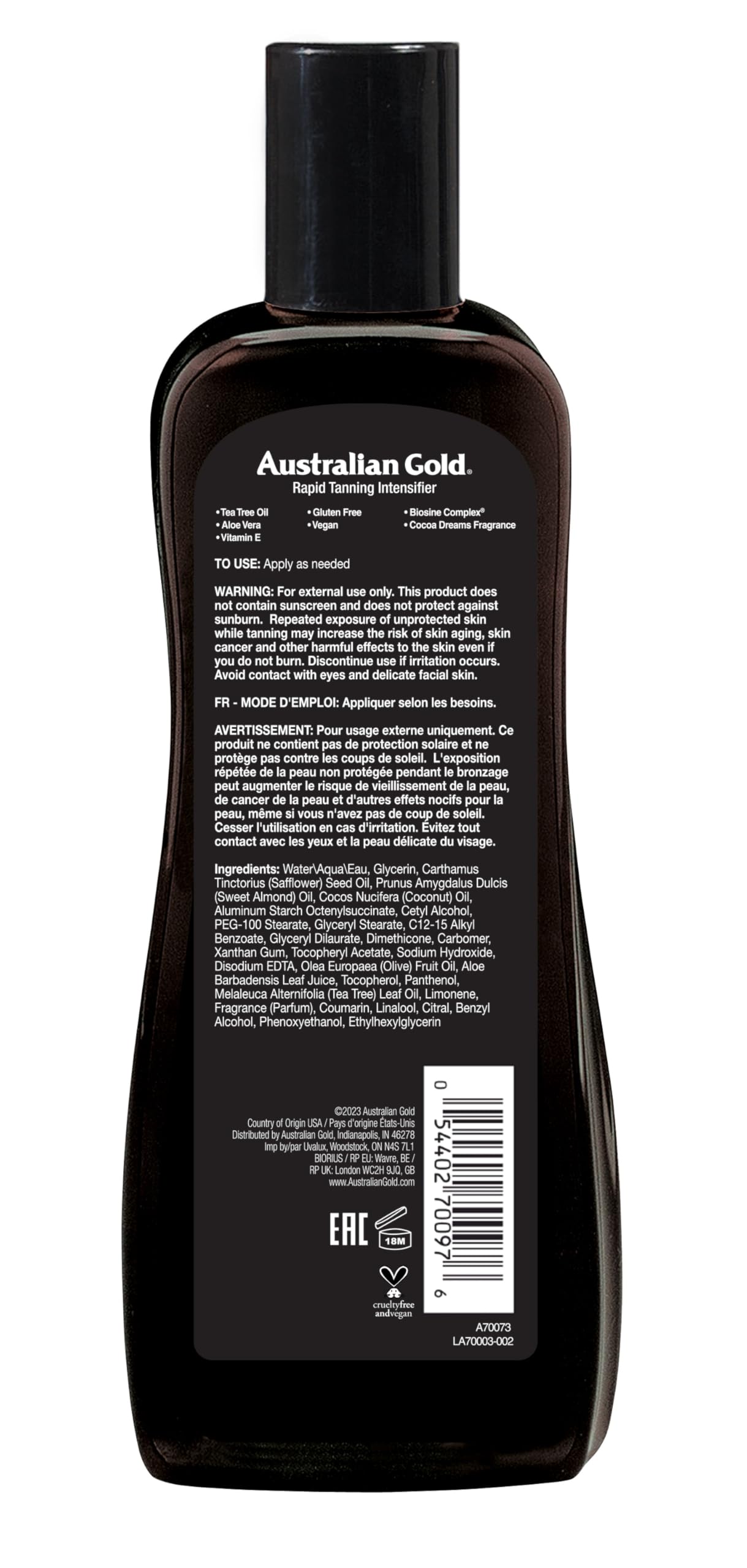 Australian Gold tanning lotion bottle back label