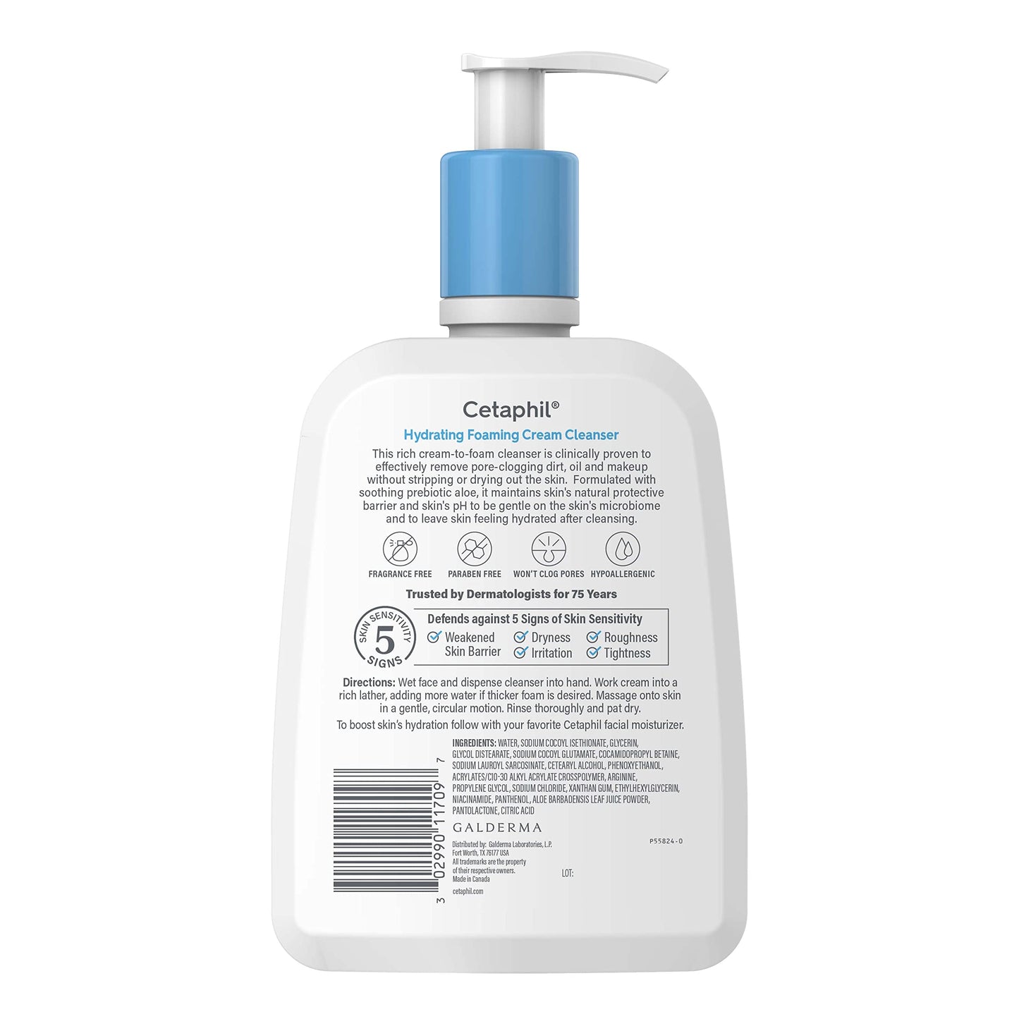 Cetaphil foaming cream cleanser for normal to dry sensitive skin product label details