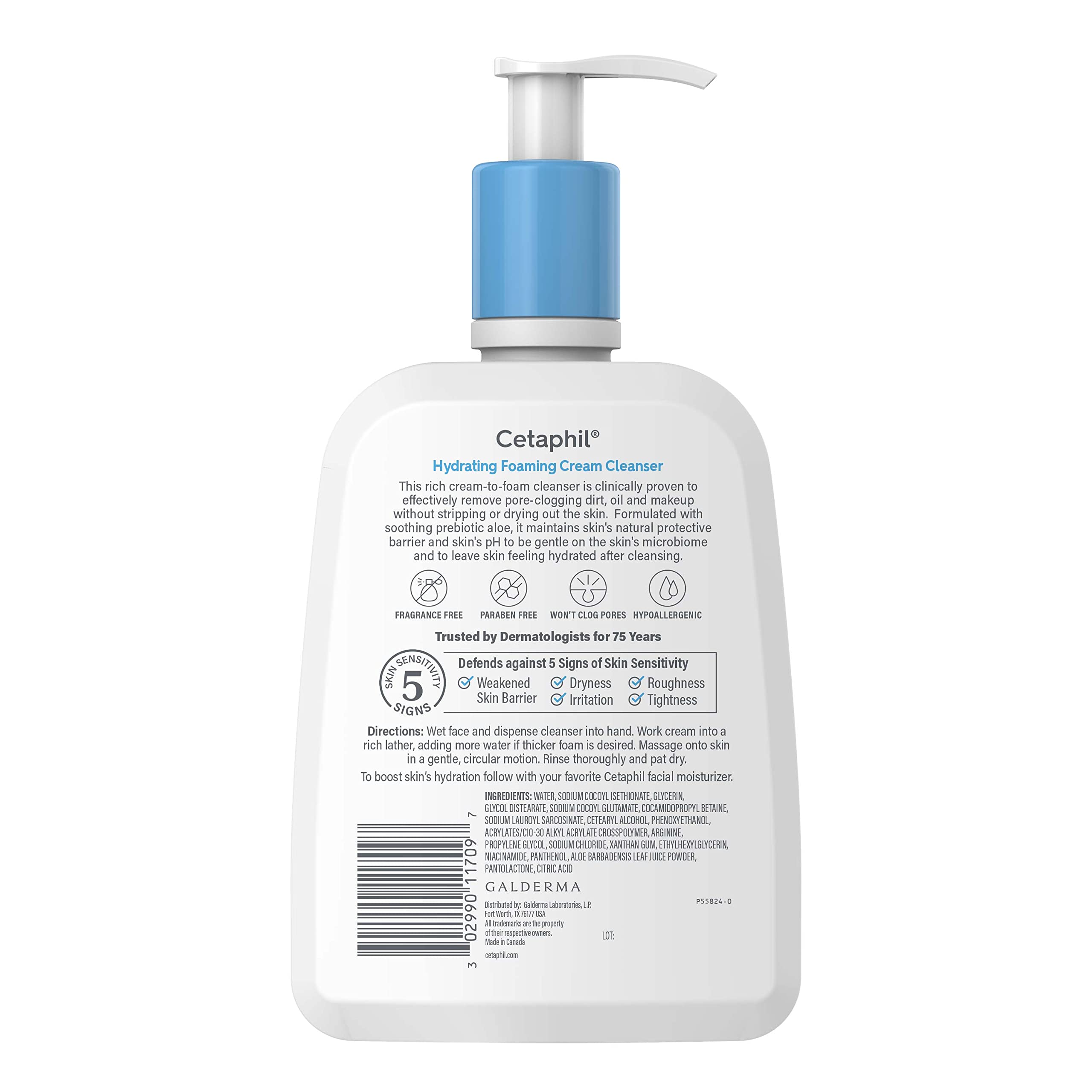 Cetaphil foaming cream cleanser for normal to dry sensitive skin product label details