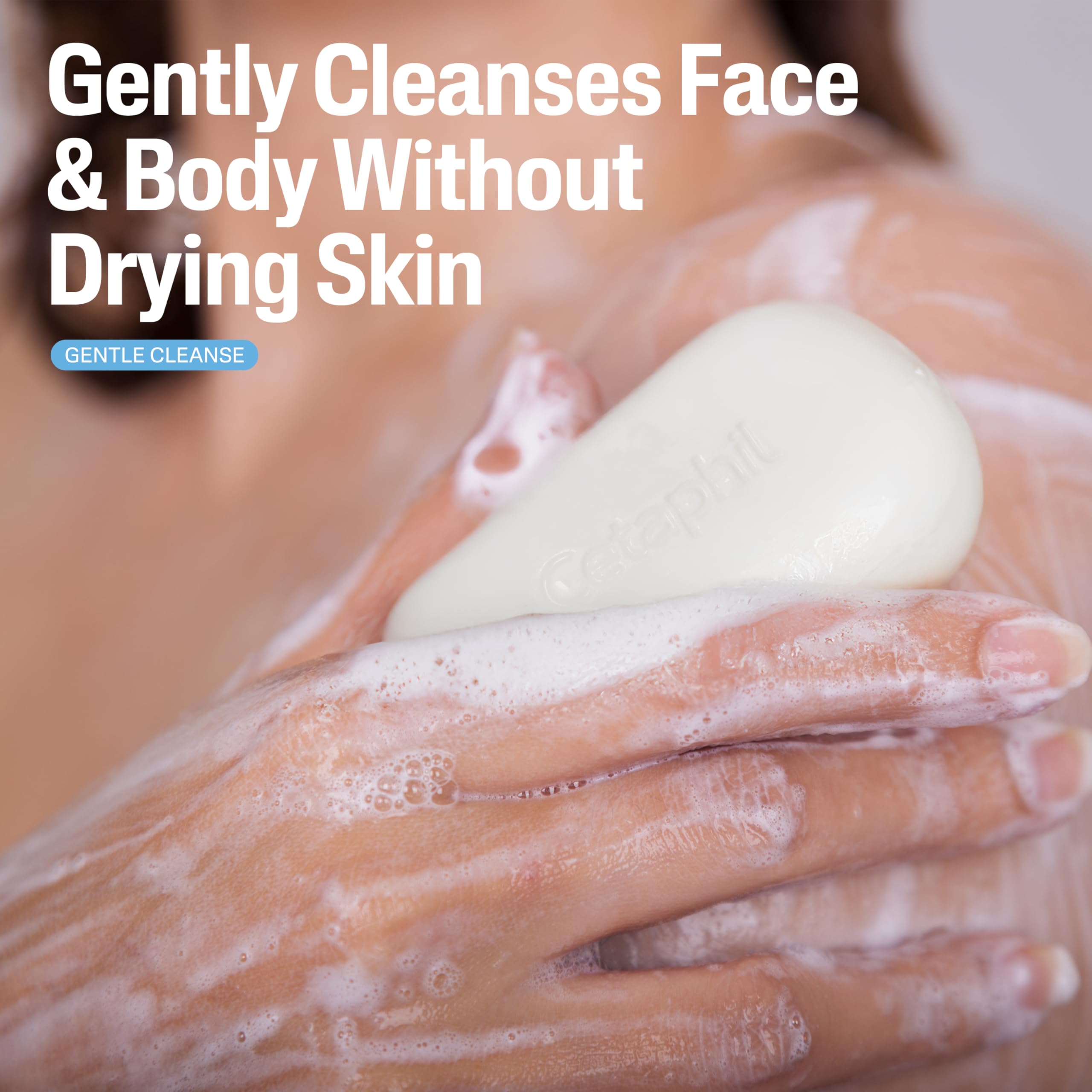 Cetaphil soap-free face and body cleanser bar showing product details and dermatologist recommended logo