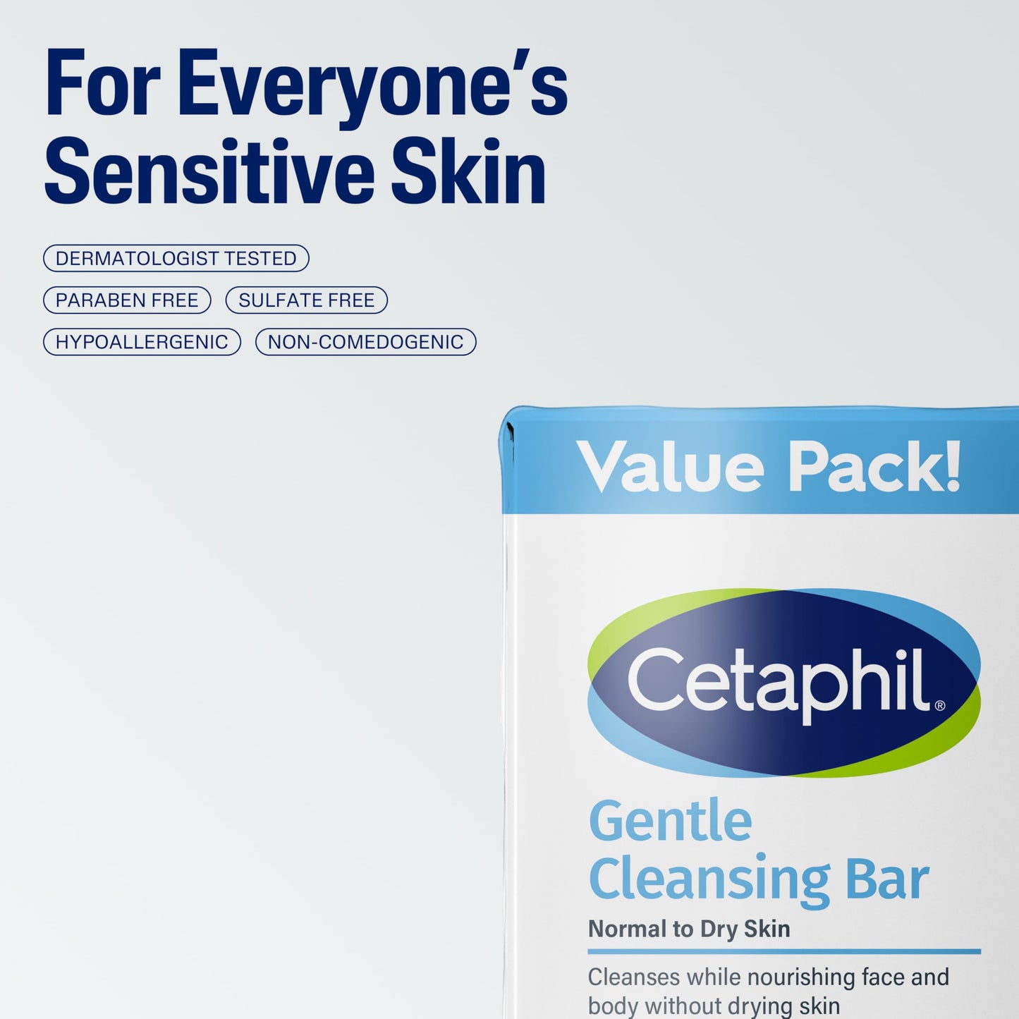 Close up of the non comedogenic Cetaphil sensitive skin cleanser bar packaging details