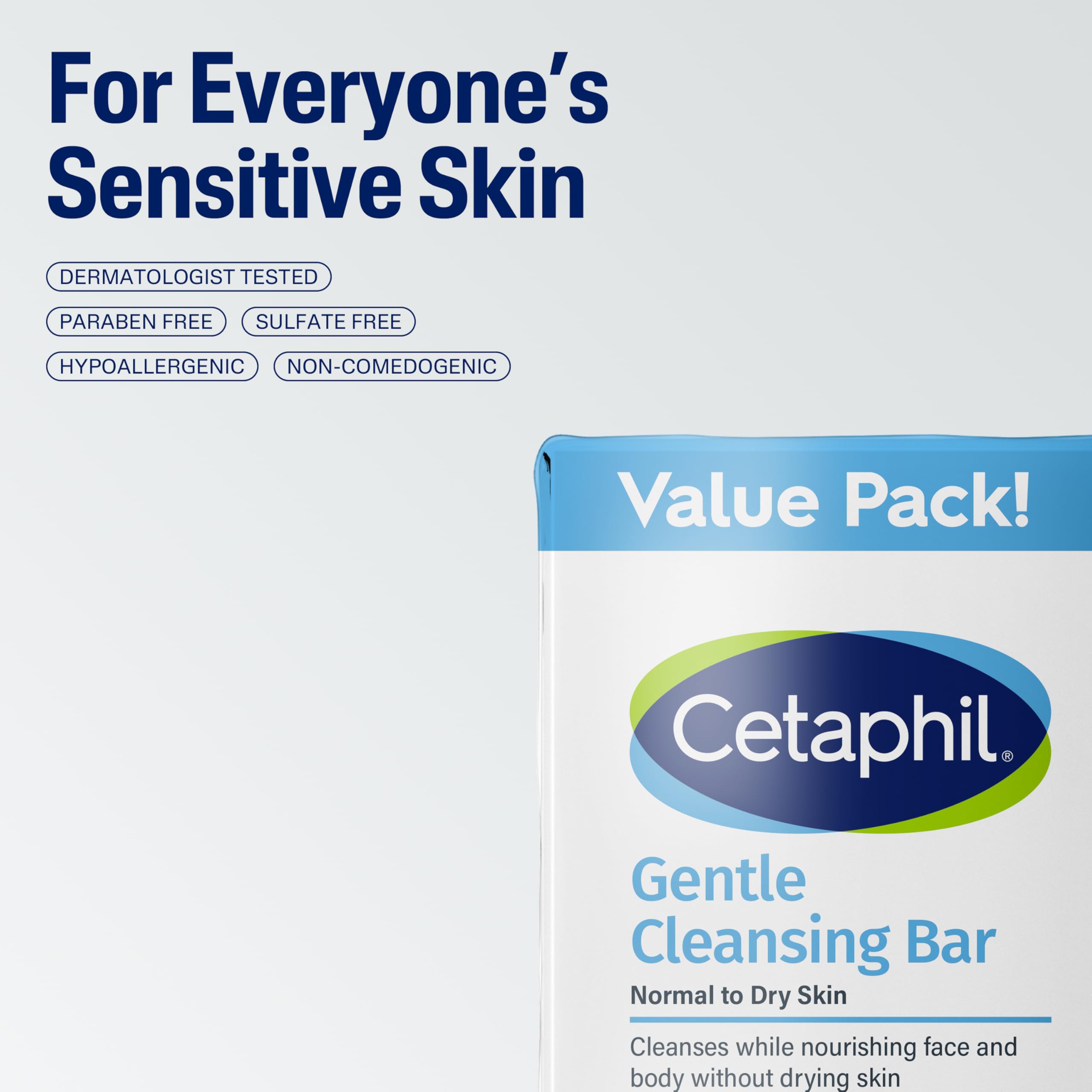 Close up of the non comedogenic Cetaphil sensitive skin cleanser bar packaging details