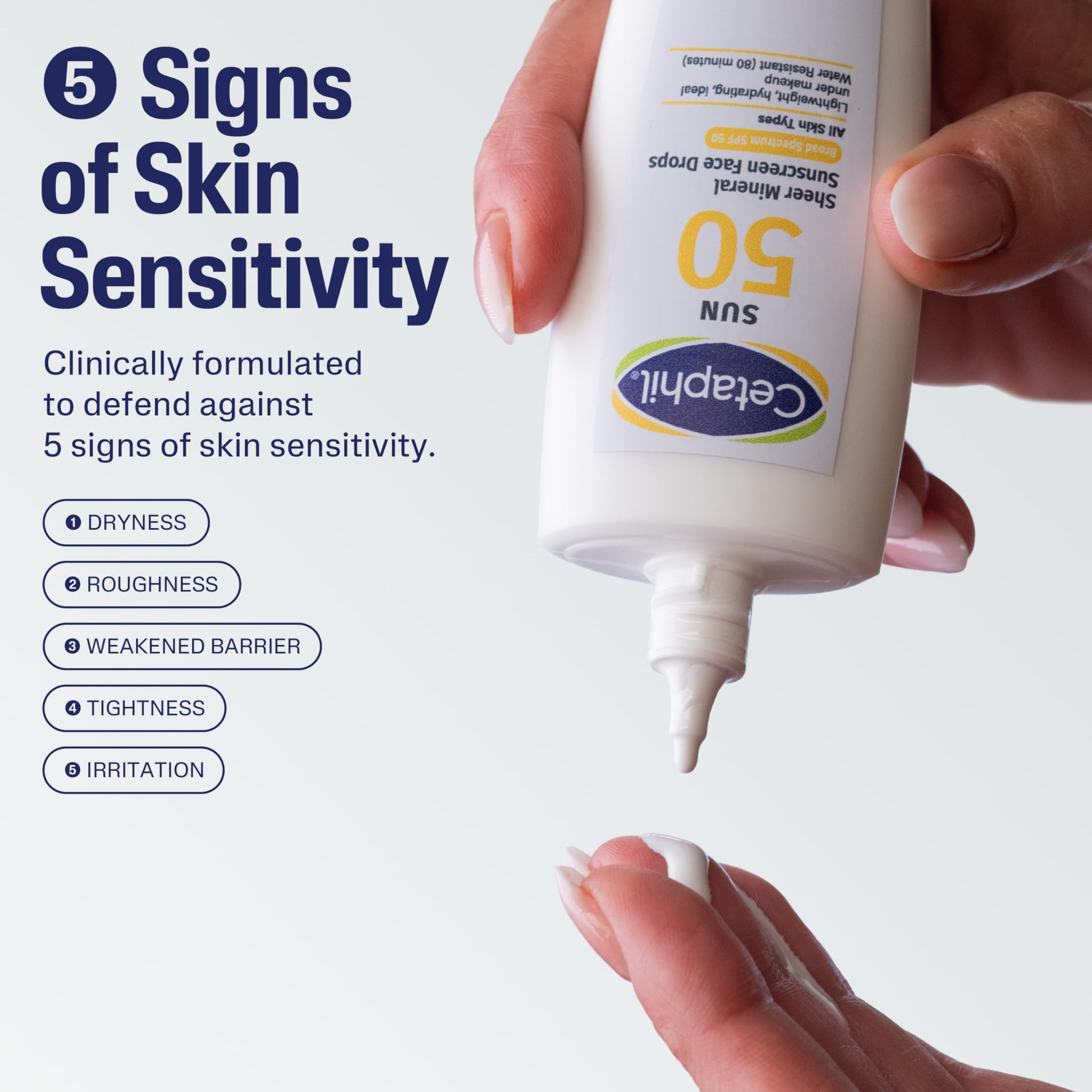 Dermatologist recommended Cetaphil liquid mineral sunscreen applied gently on hand skin