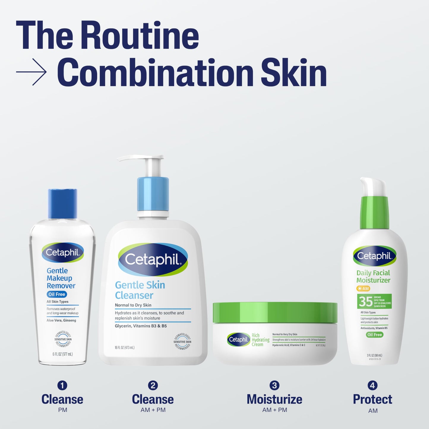 Clear plastic bottle of Cetaphil 6.0 fluid ounce makeup cleanser highlighting the oil free formula logo