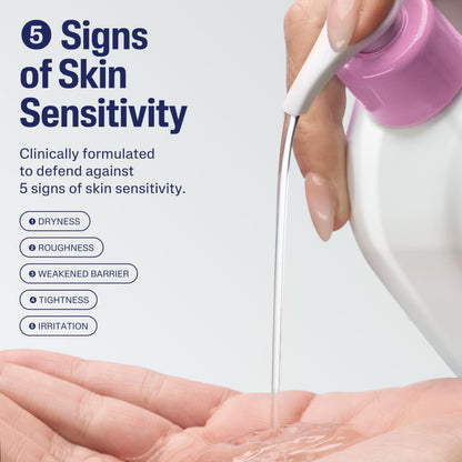 Cetaphil oil to foam face wash bottle displaying the sensitive skin and twenty four hour hydration labels