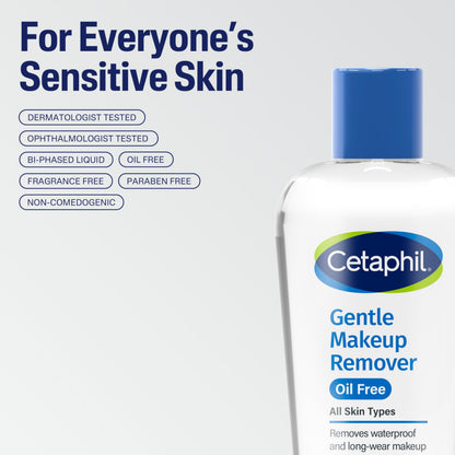 Side angle view of Cetaphil sensitive skin makeup remover container displaying fluid measurement text