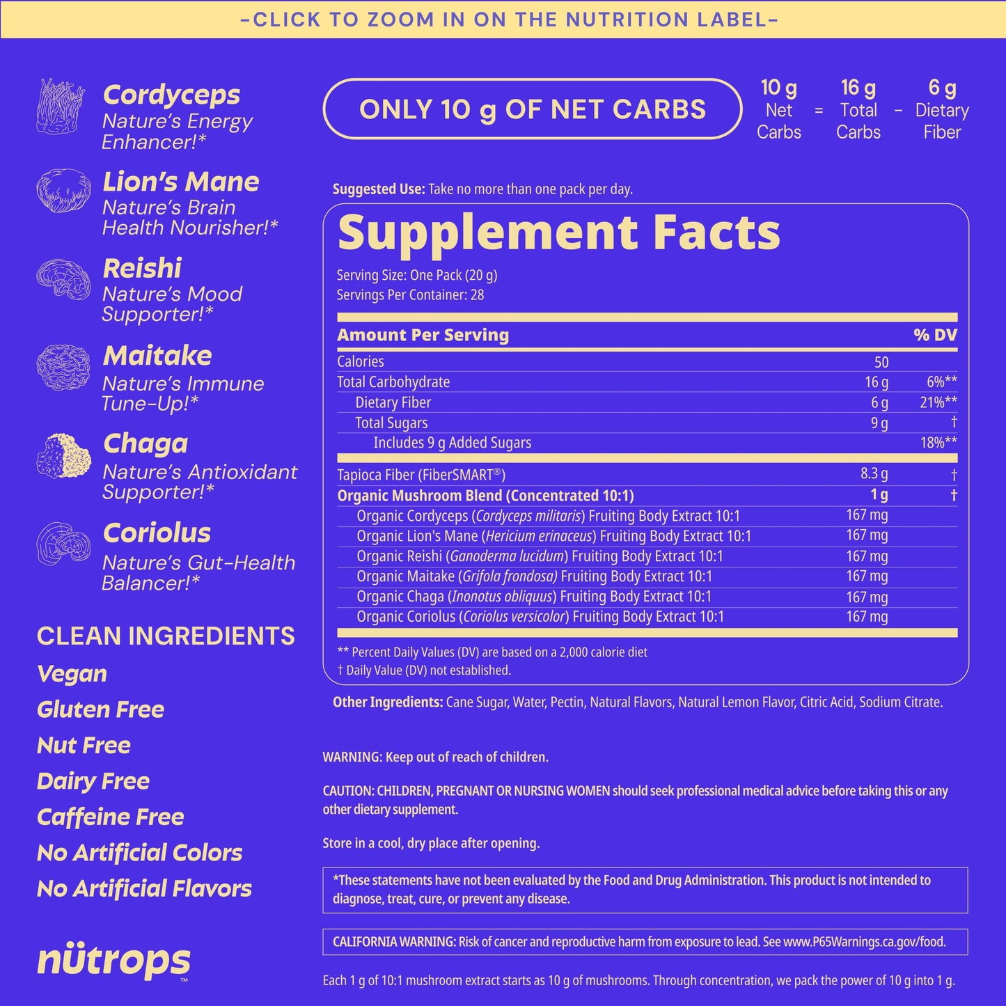 GrÃ¼ns Nutrops nootropic supplement lemon flavor gummy pouch opened.