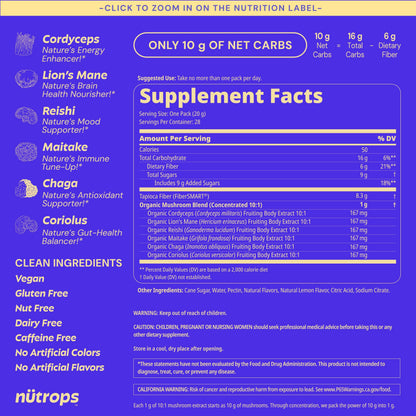 GrÃ¼ns Nutrops nootropic supplement lemon flavor gummy pouch opened.