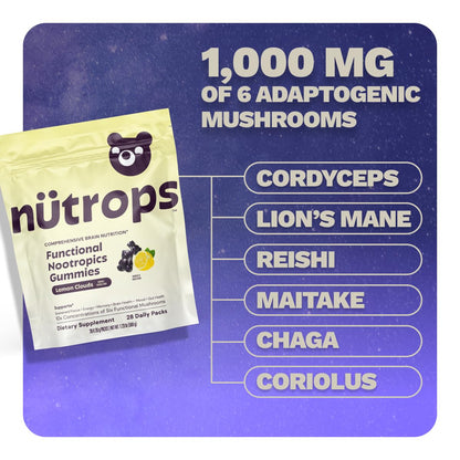 Nutrops by Gruns daily focus supplement packets showing eight mushroom gummies layout.