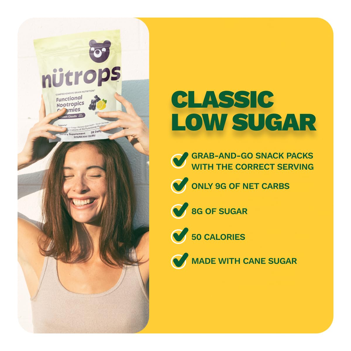GrÃ¼ns Nutrops daily snack packs side profile highlighting the sugar free lemon attributes.