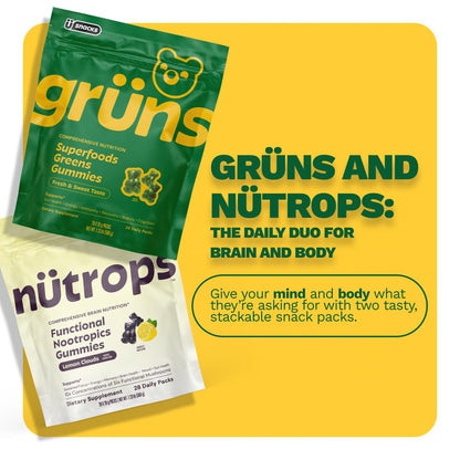 GrÃ¼ns Nutrops adaptive wellness gummies full daily routine kit view.
