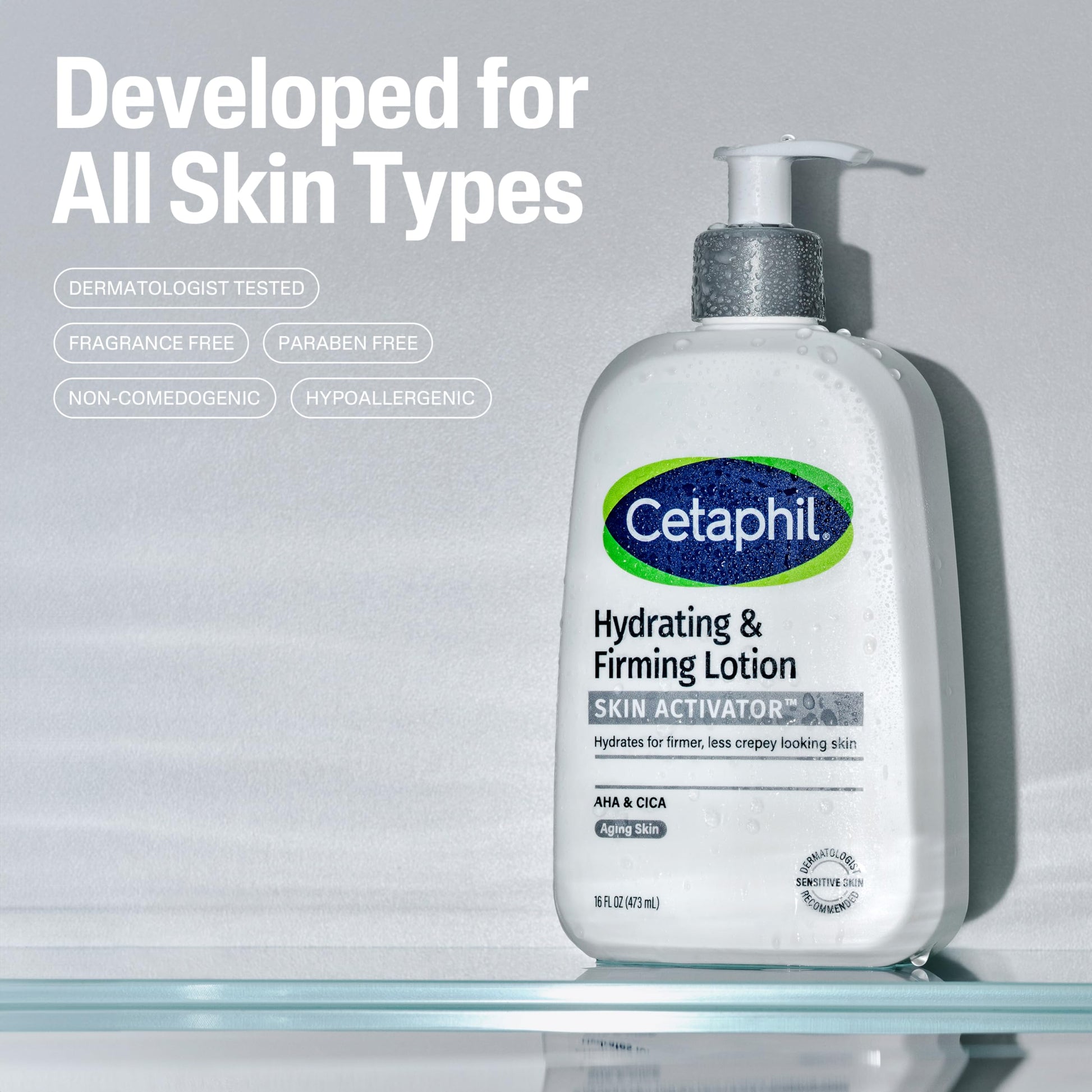 Cetaphil firming body moisturizer showing pump dispenser and sixteen ounce product sizing