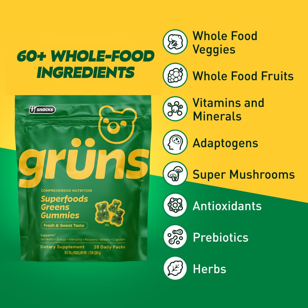 GrÃ¼ns Super Greens plant-based gummy bears in strawberry sweet green flavor