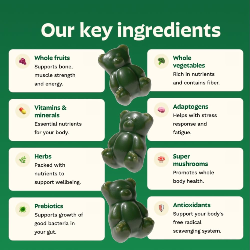 GrÃ¼ns plant-based superfood gummy bears rich in spirulina and chlorella spilled neatly next to the original packaging.