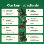 GrÃ¼ns plant-based superfood gummy bears rich in spirulina and chlorella spilled neatly next to the original packaging.