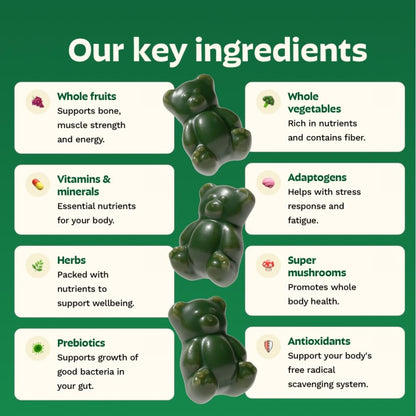 GrÃ¼ns plant-based superfood gummy bears rich in spirulina and chlorella spilled neatly next to the original packaging.