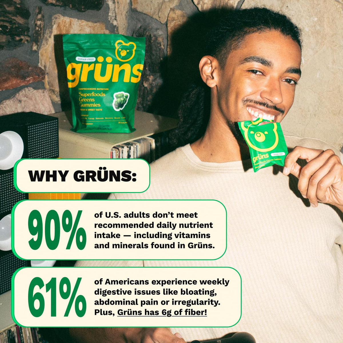 Authentic imported GrÃ¼ns super greens dietary supplement pouch standing upright on a clean wellness vanity.