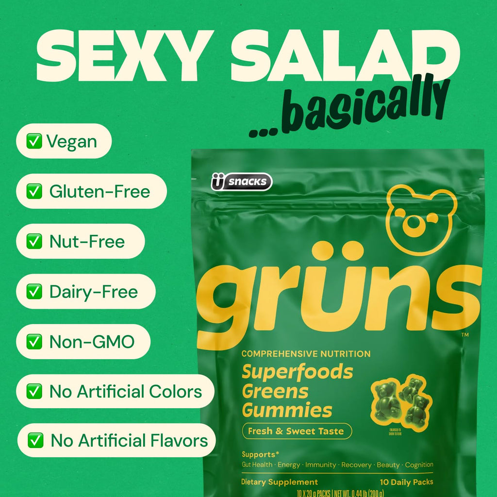A single serving of GrÃ¼ns multivitamin gummies held in a hand to demonstrate size and appetizing strawberry green texture.