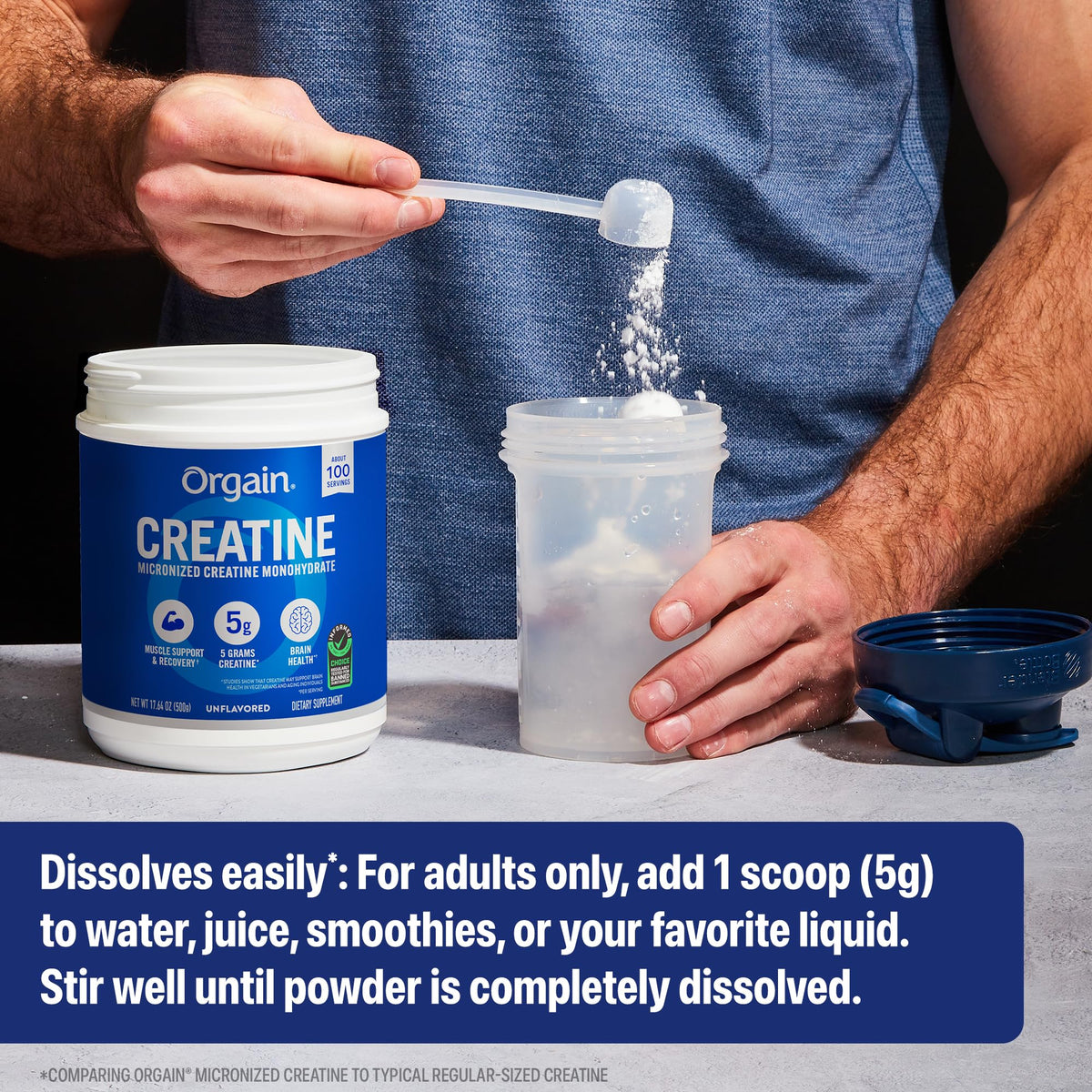 Orgain Creatine Monohydrate Micronized Powder mixing demonstration in water glass