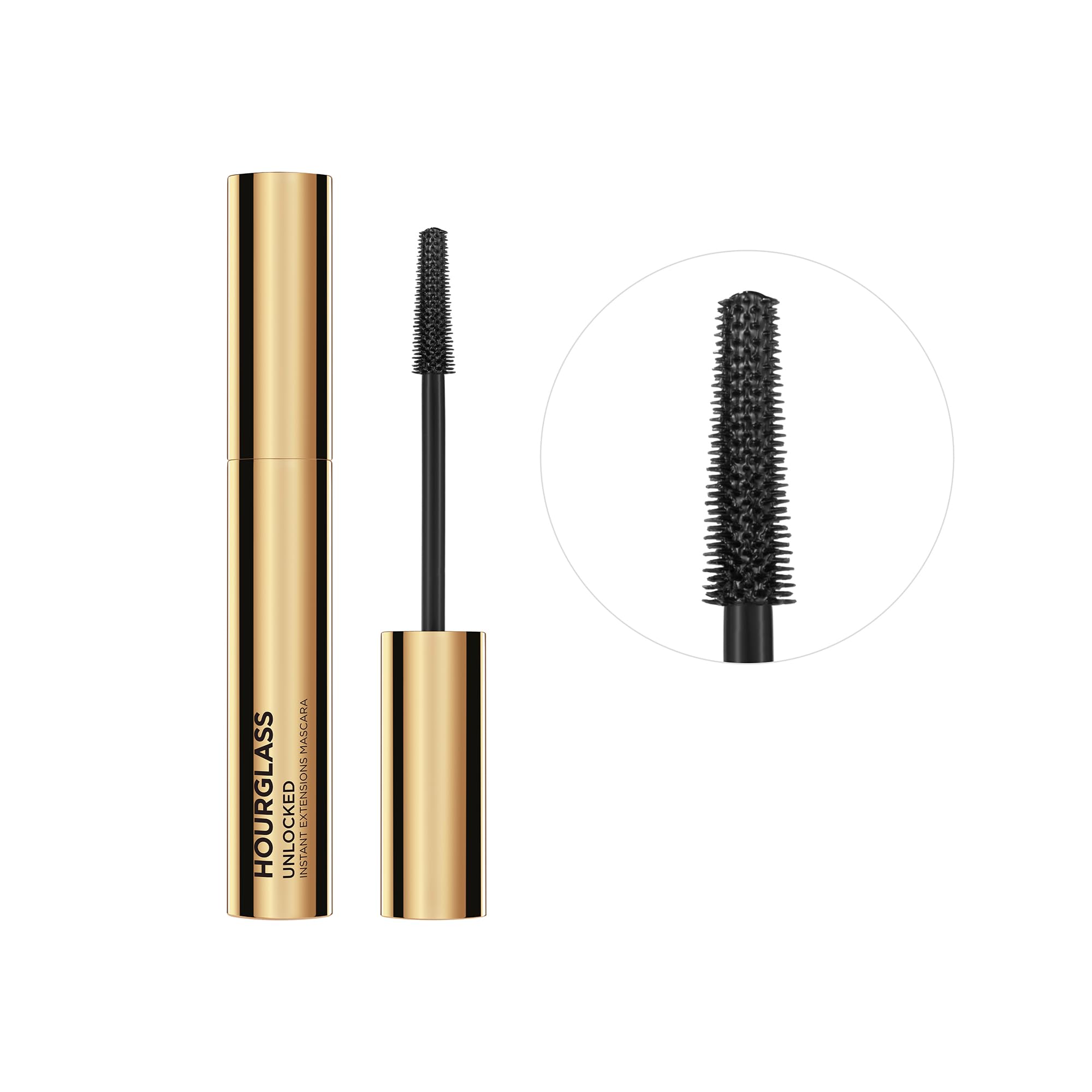 Hourglass Unlocked mascara tube lying flat displaying authentic product details.