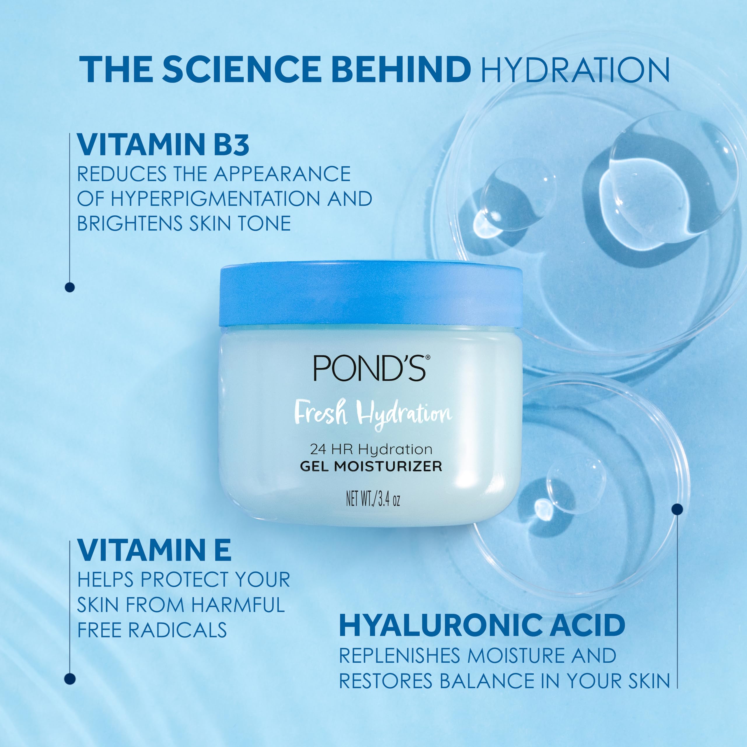 Side angle view of the POND'S oil-free face moisturizer highlighting the hydrating gel text.