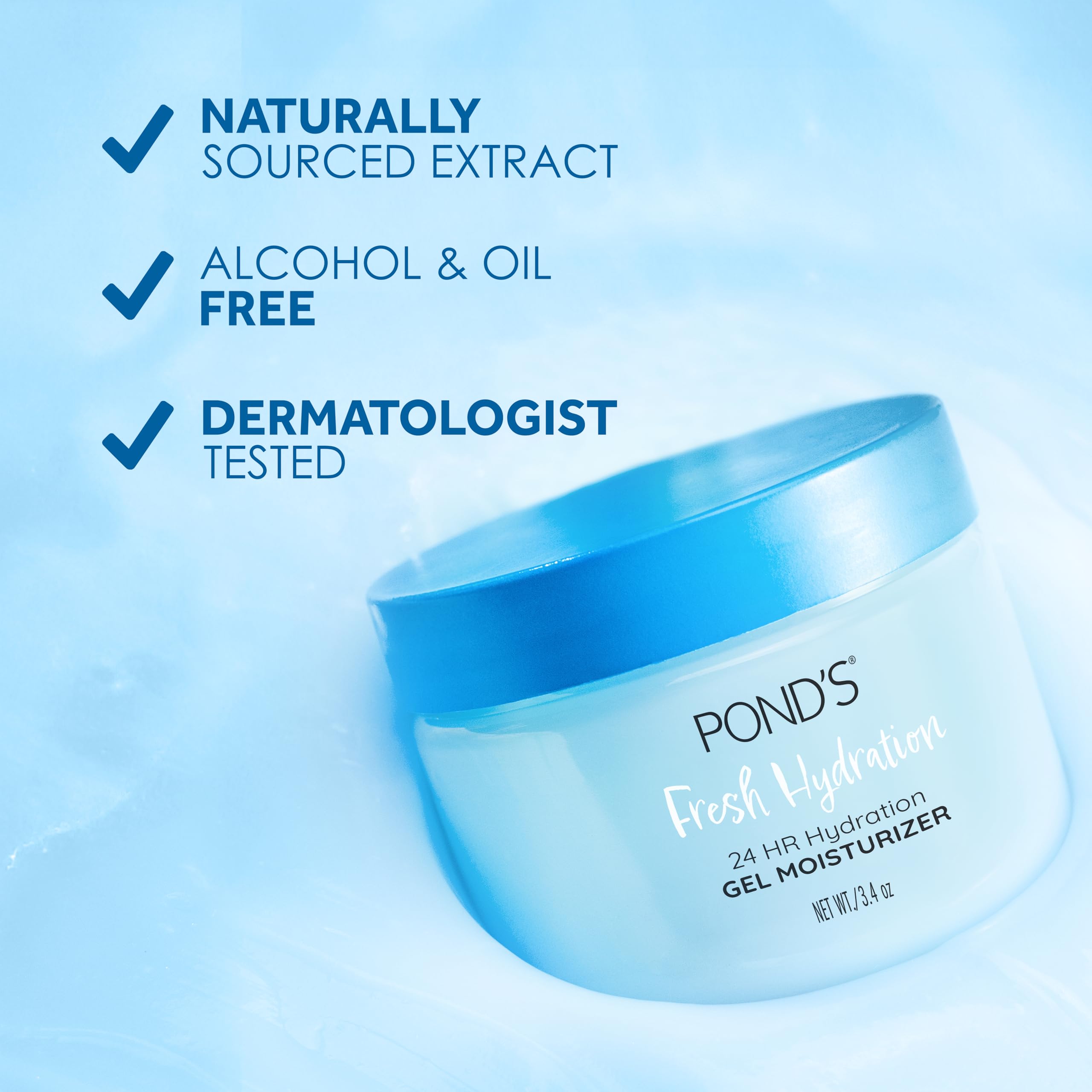 Open container of POND'S Hyaluronic Acid face cream displaying the translucent lightweight gel texture.