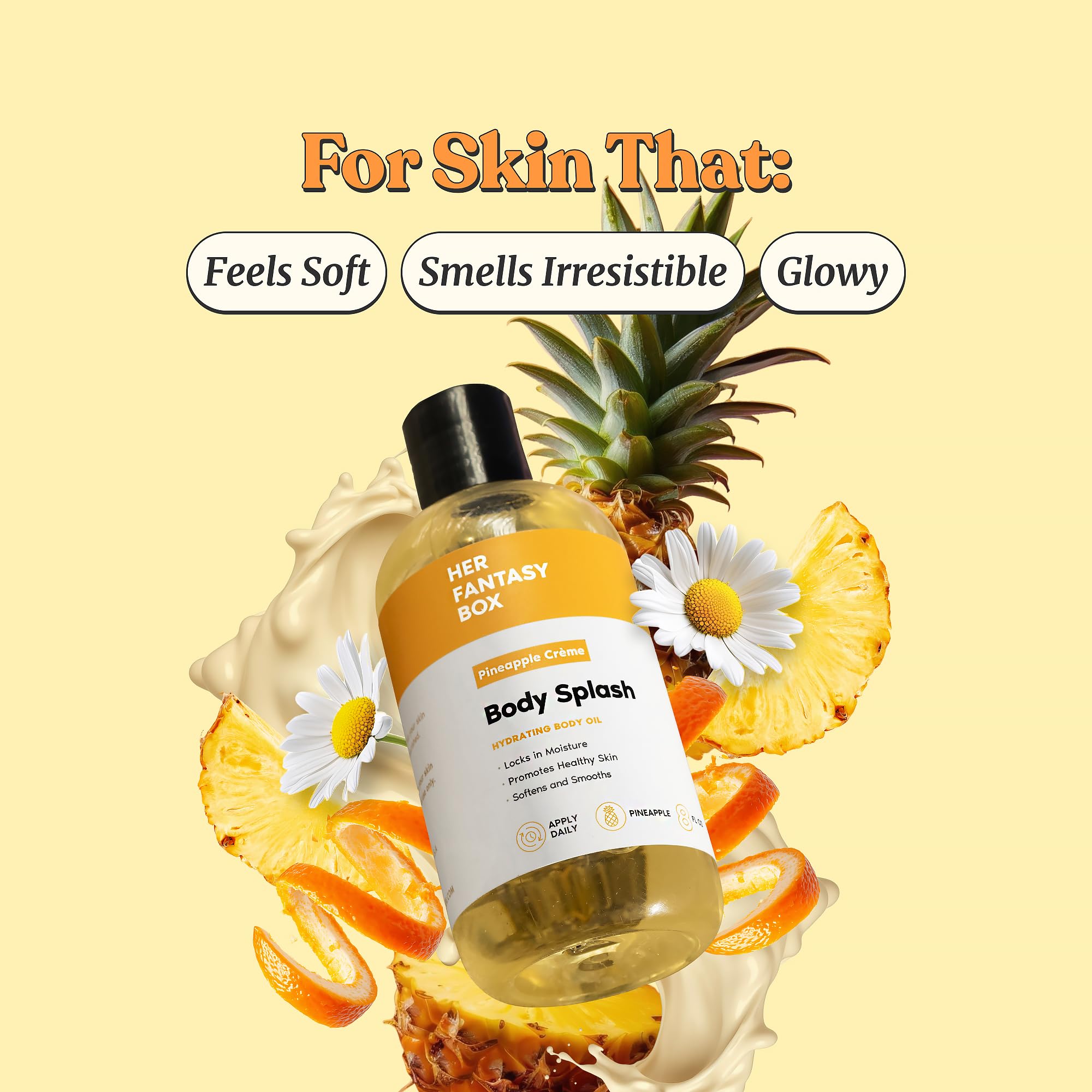 Her Fantasy Box body oil bottle showing Pineapple Creme label