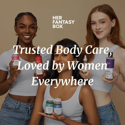 Side view of Her Fantasy Box hydrating body oil bottle