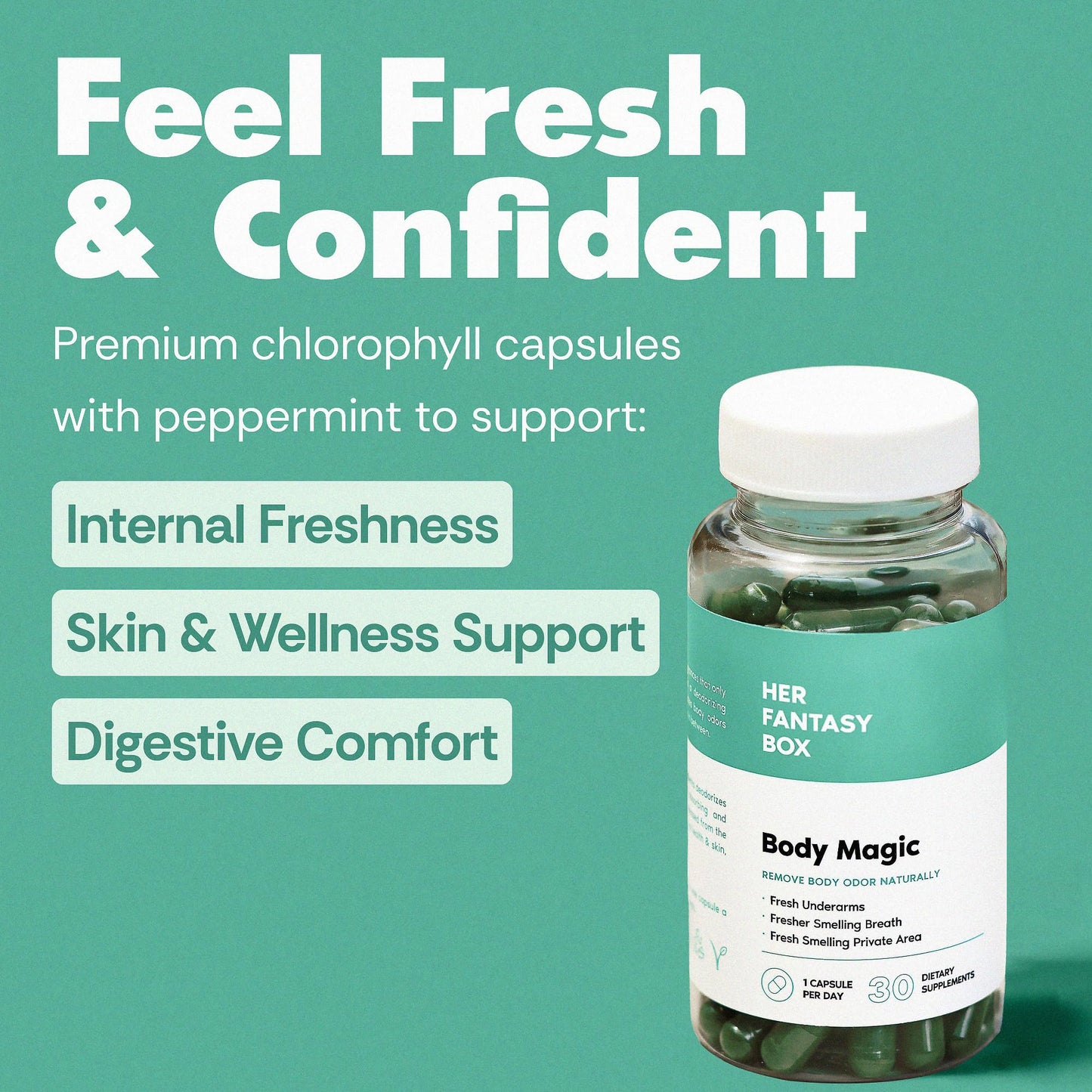 Side view of Her Fantasy Box 30 vegan capsules for full body detox and gut health