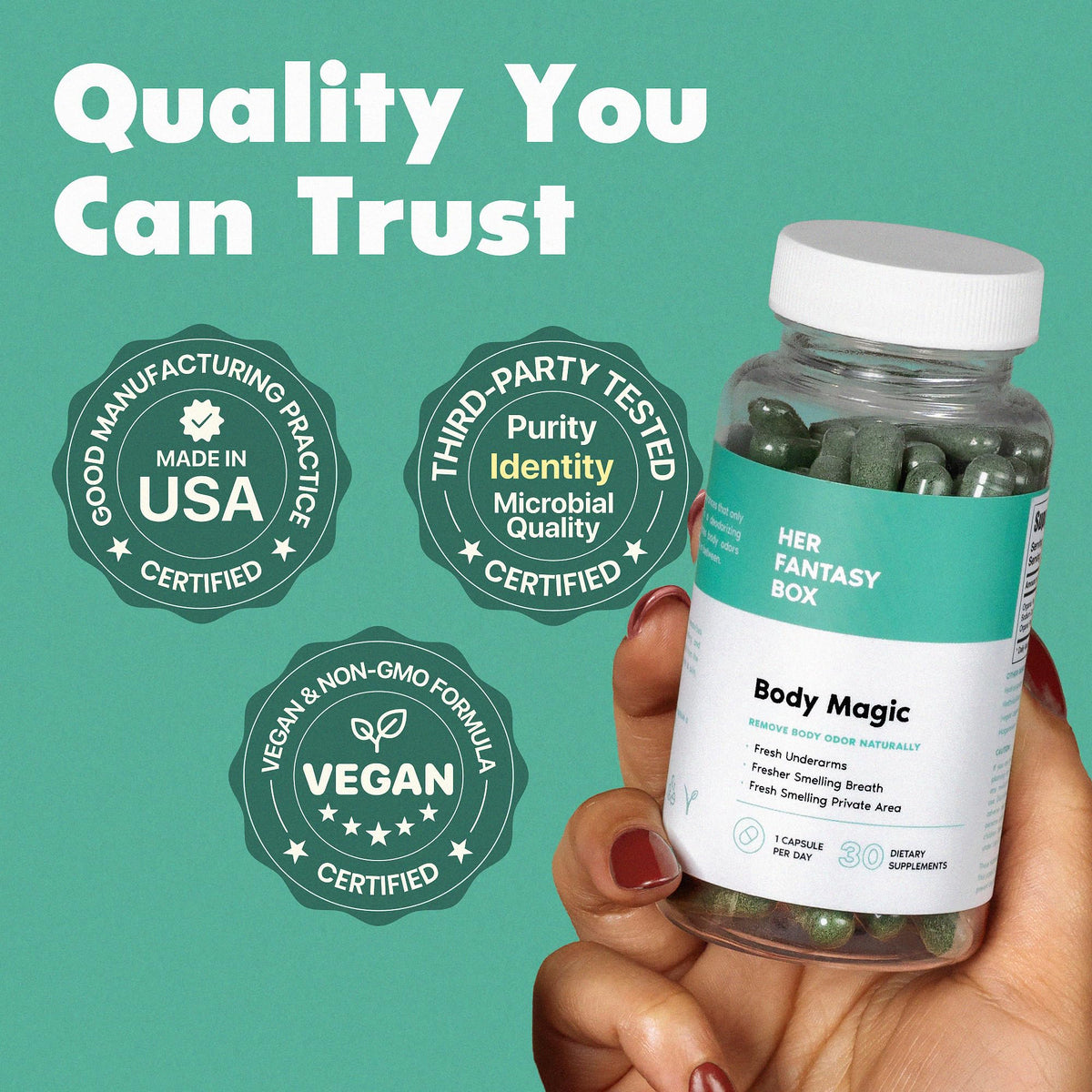 Close-up of Body Magic internal deodorant capsules containing organic parsley and peppermint leaf