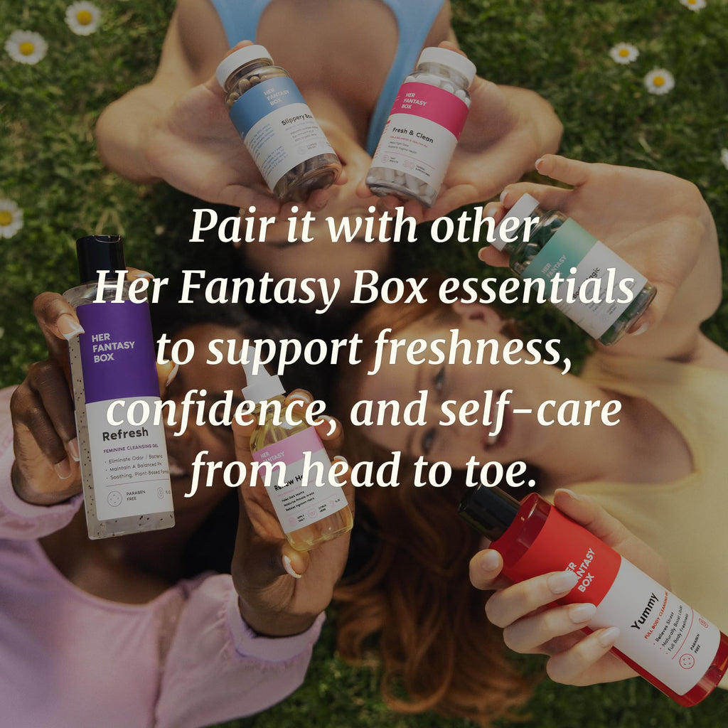 Her Fantasy Box wellness supplement capsules shown next to its protective outer seal