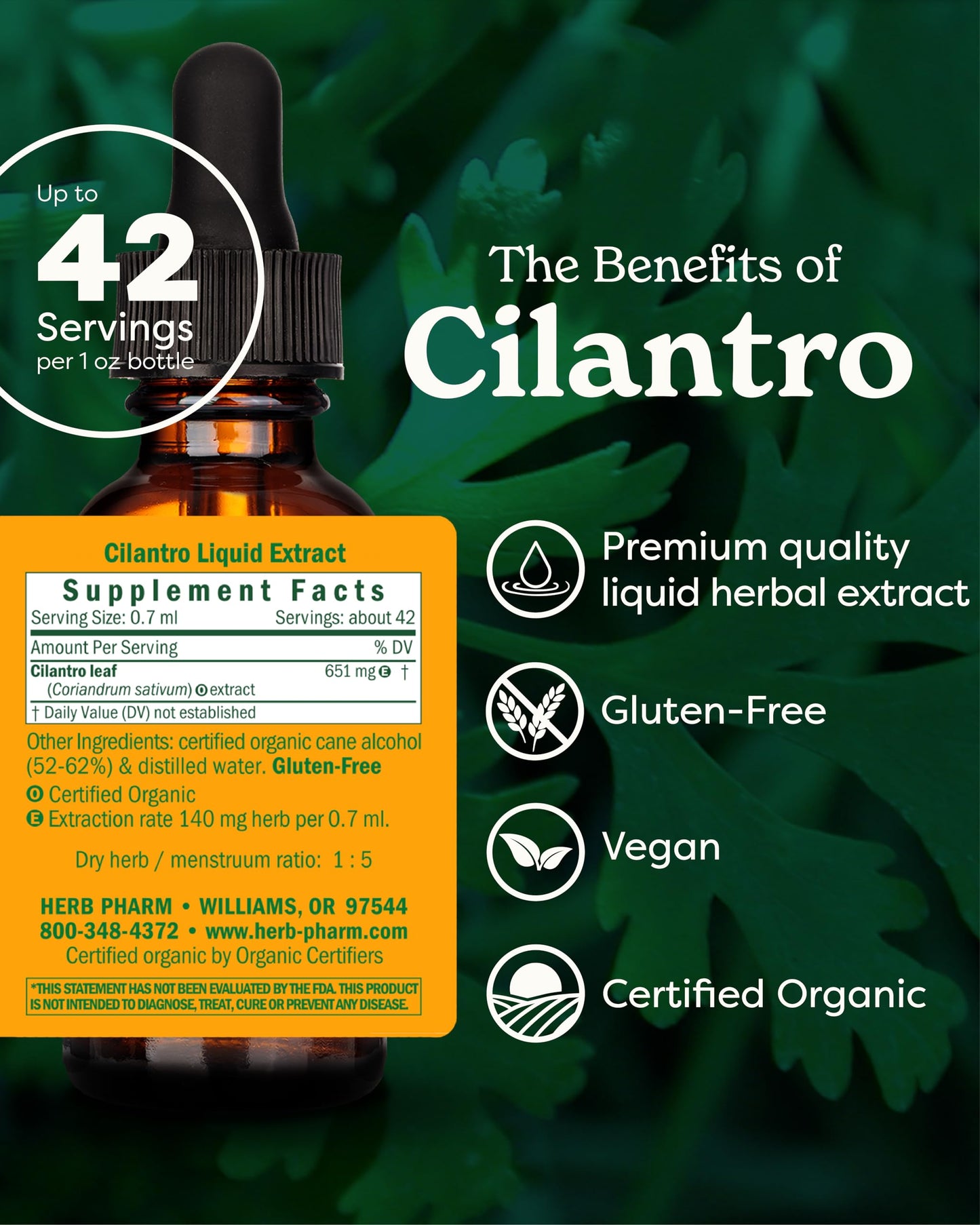Back label of Herb Pharm organic cilantro extract showing ingredients
