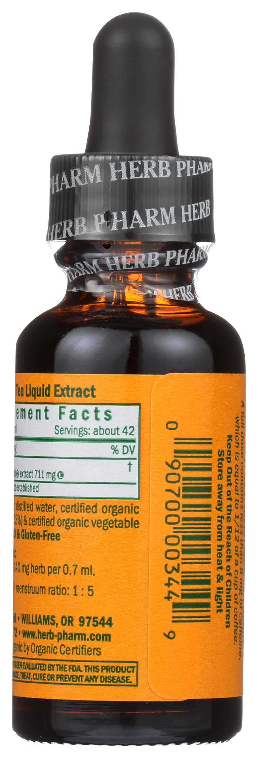 Close up of Herb Pharm organic green tea dropper bottle label
