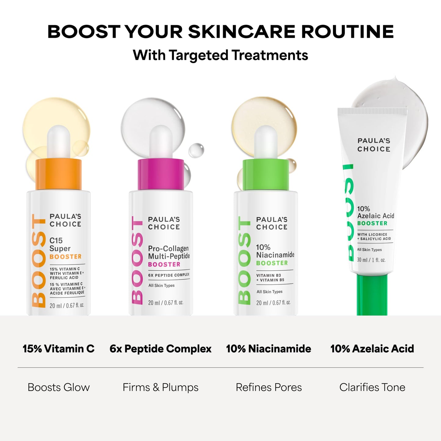 Skincare routine display featuring Paula's Choice azelaic acid and salicylic acid serum