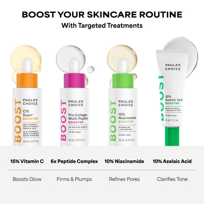 Skincare routine display featuring Paula's Choice azelaic acid and salicylic acid serum