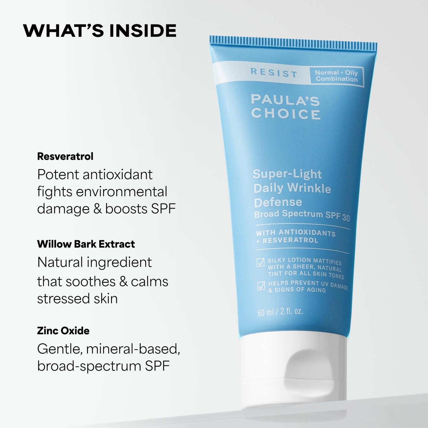 Paula's Choice RESIST Tinted Matte Moisturizer bottle showcasing the ingredient label and sunscreen details