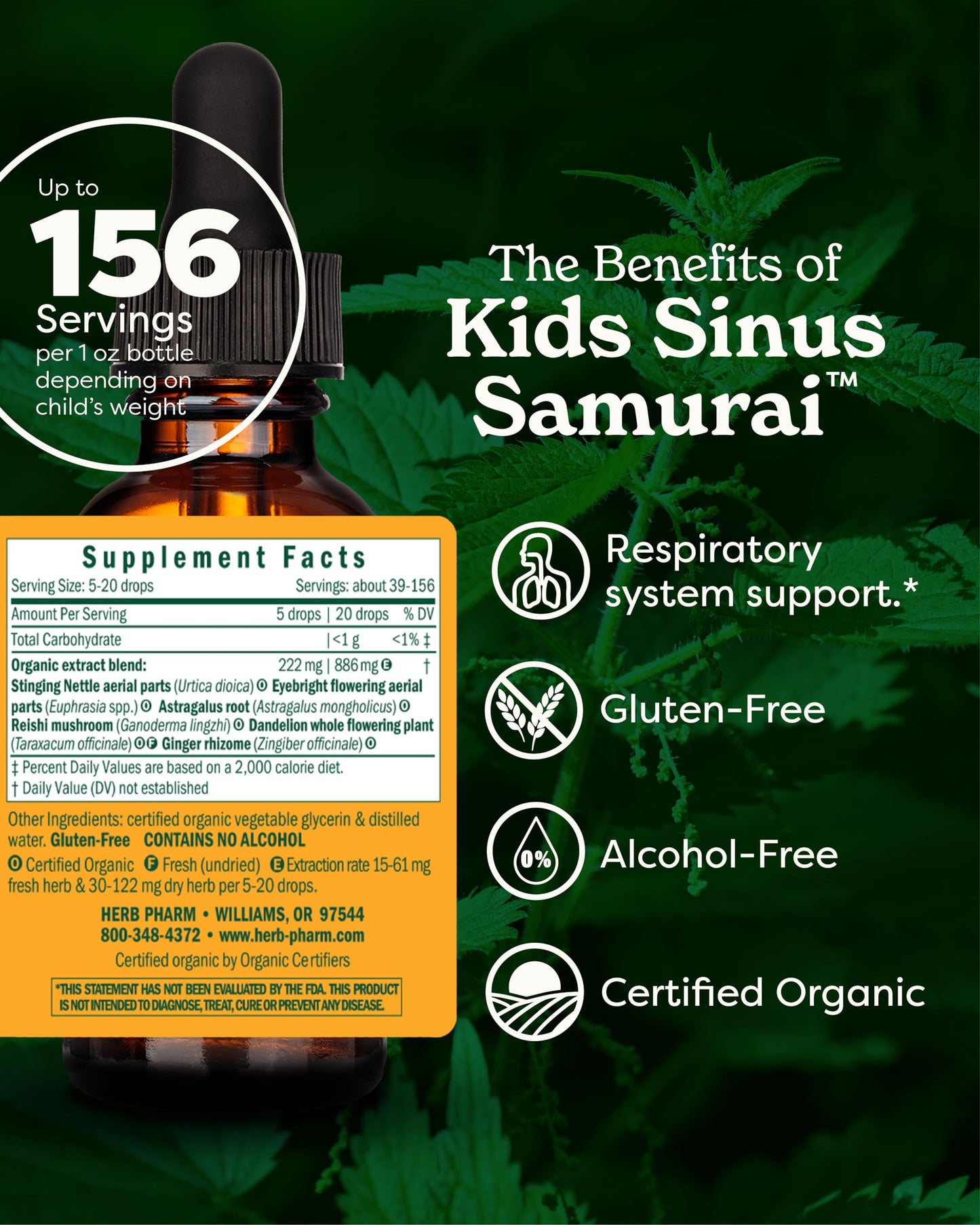 Close up of Herb Pharm Kids Sinus Samurai dropper bottle