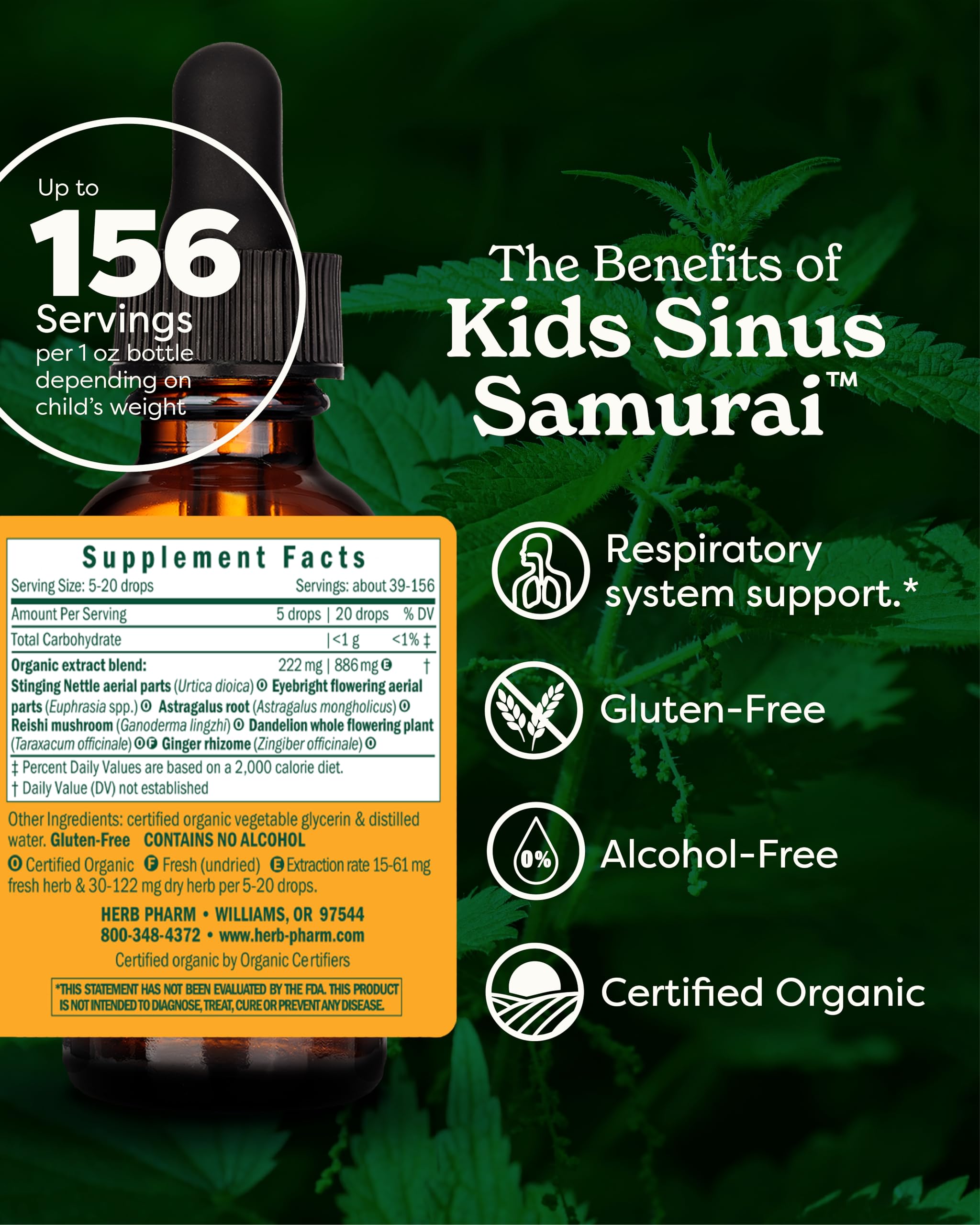 Close up of Herb Pharm Kids Sinus Samurai dropper bottle