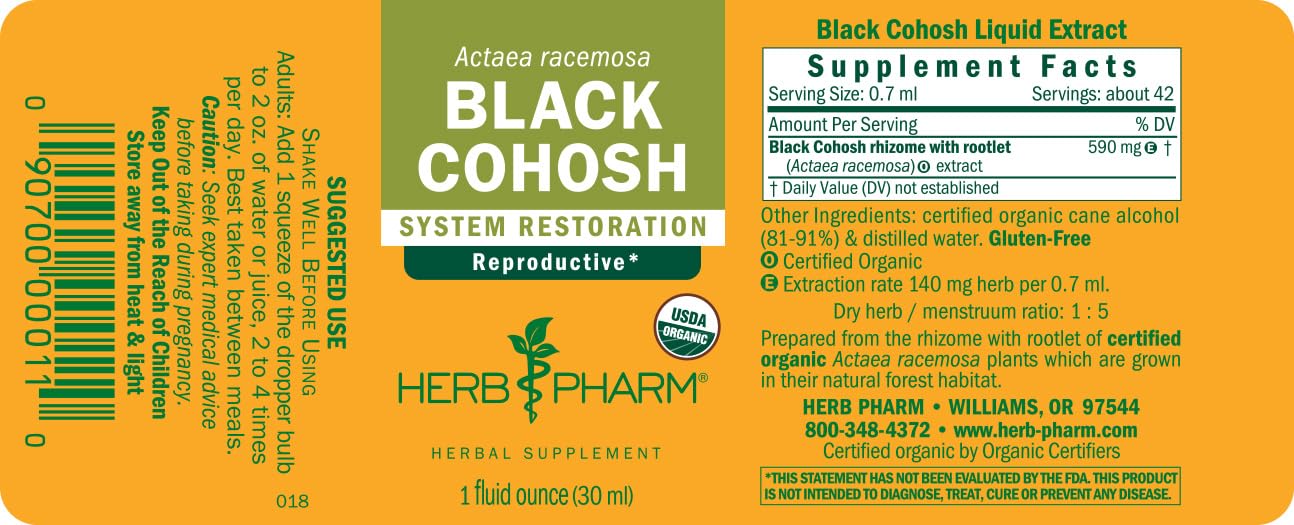 Herb Pharm Organic Black Cohosh liquid extract bottle showcasing non-GMO and vegan certification