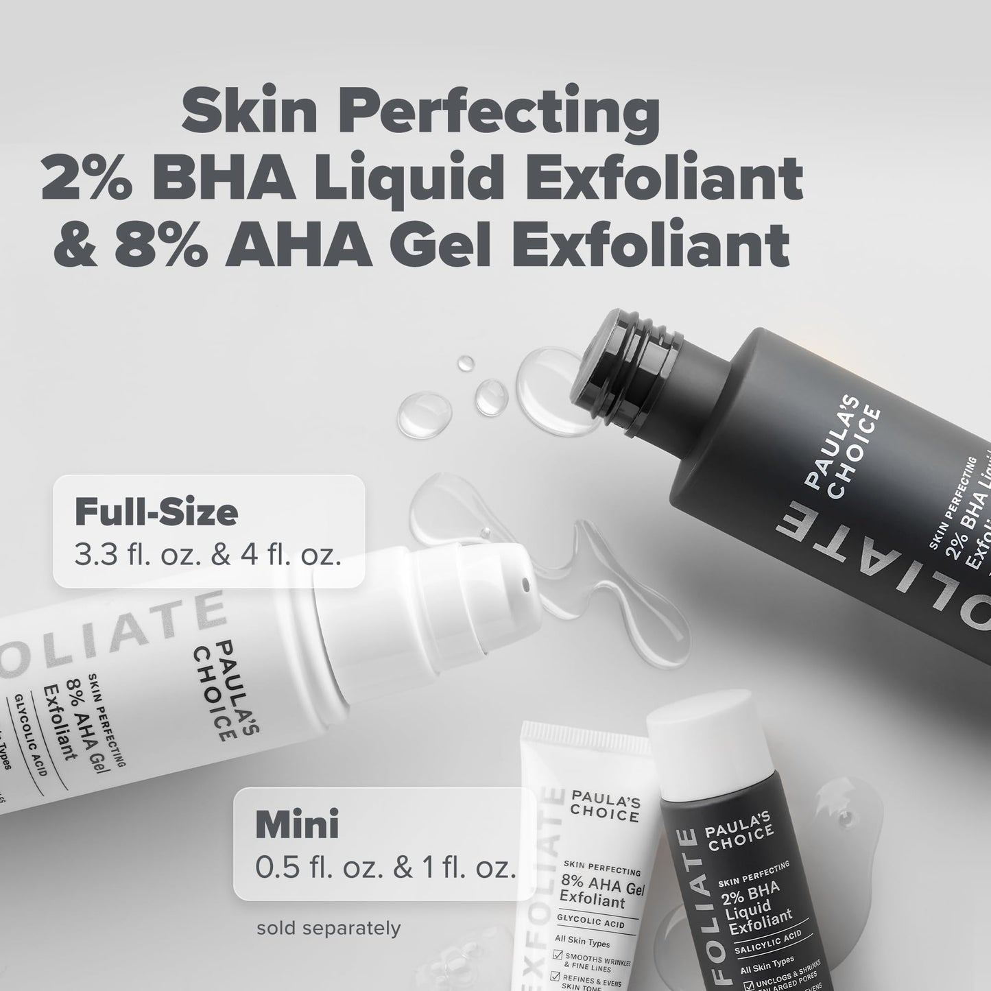 Paula's Choice dual action chemical exfoliation bottles on plain background