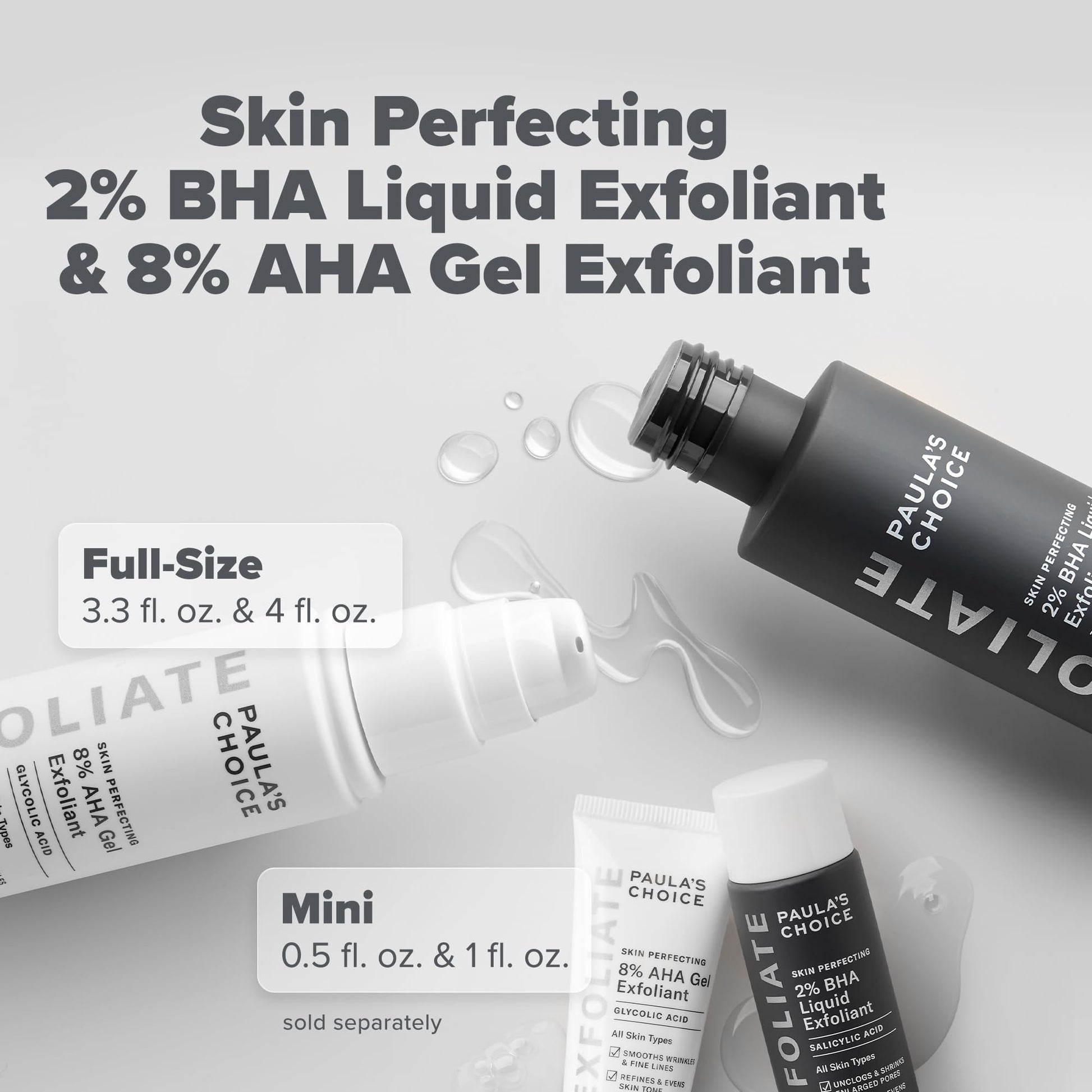 Paula's Choice dual action chemical exfoliation bottles on plain background